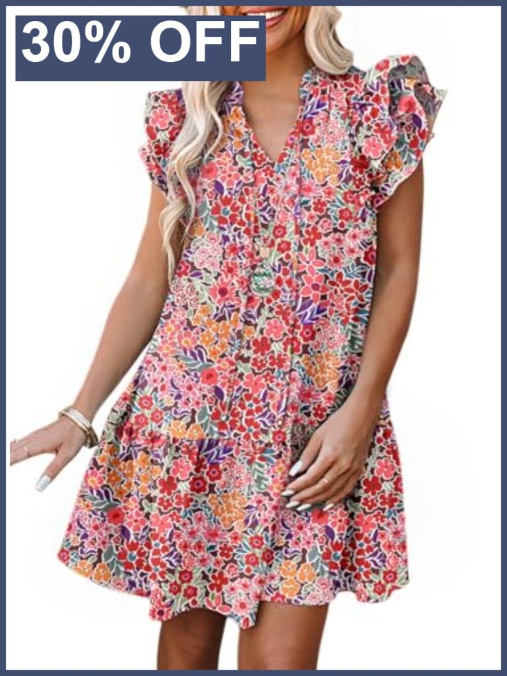 Women's V-Neck Ruffle Cap Sleeve Mini Sundress with Pockets